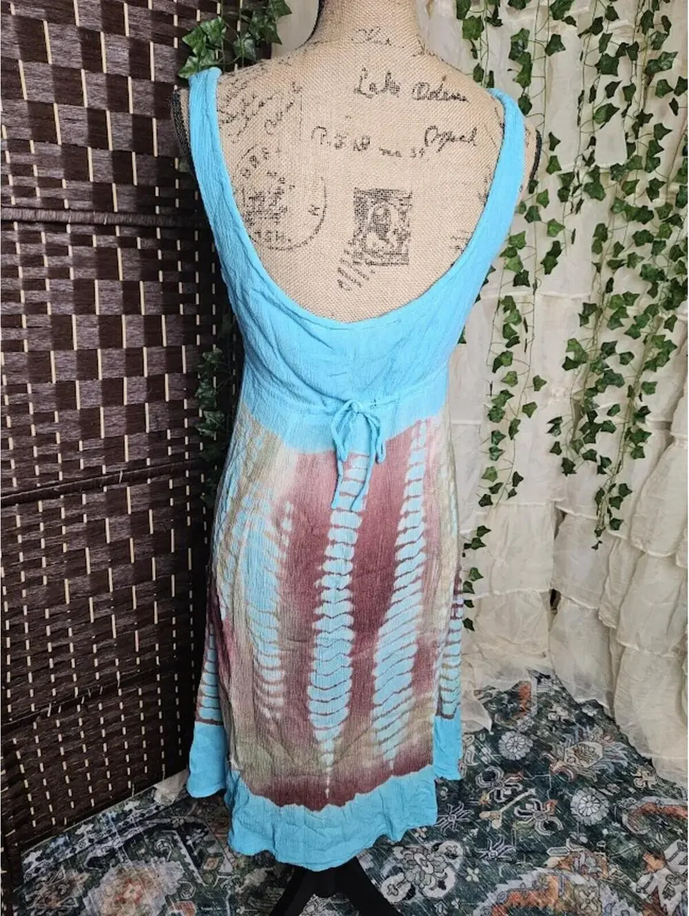 Boho Tie Dye Turquoise Dress Fairycore Cottagecore Festival Embroidered Sundress - Picture 5 of 6